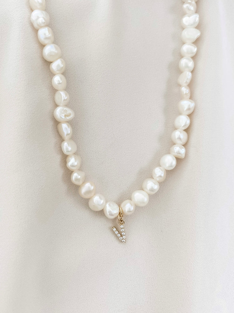 Pearl Bead Necklace with CZ Initial Gold