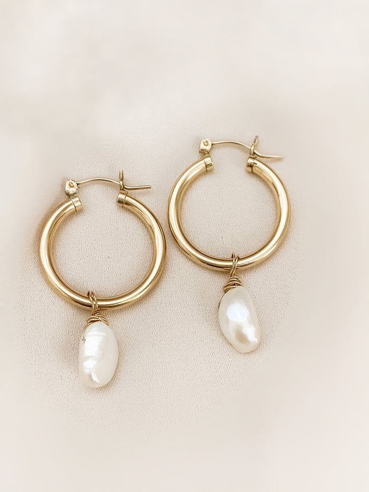 14K gold Pearl Hoop Earrings